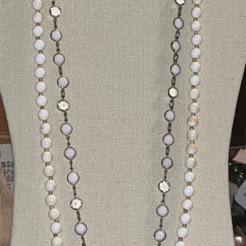 Two Sophisticated Opera-Length White and Silver Beaded Necklaces